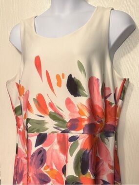 Roz & Ali Cream Dress with Pink, Orange & Green Floral Brushstrokes